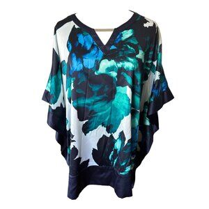 Peter Nygård Womens Large Floral Poncho Top V-Neck Green & Blue Lightweight